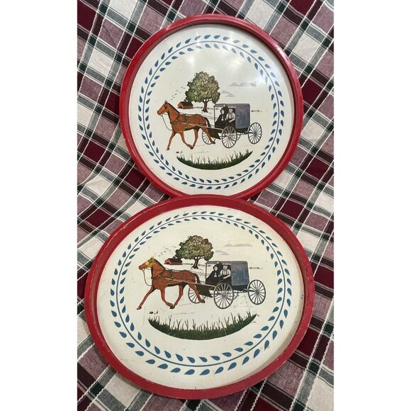 Other - 2 Vintage Tin Serving Trays With Amish Horse & Buggy Design Pennsylvania Dutch
